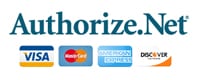 Authorize.net logo describing forms of payment which include visa, mastercard, american express and discover.
